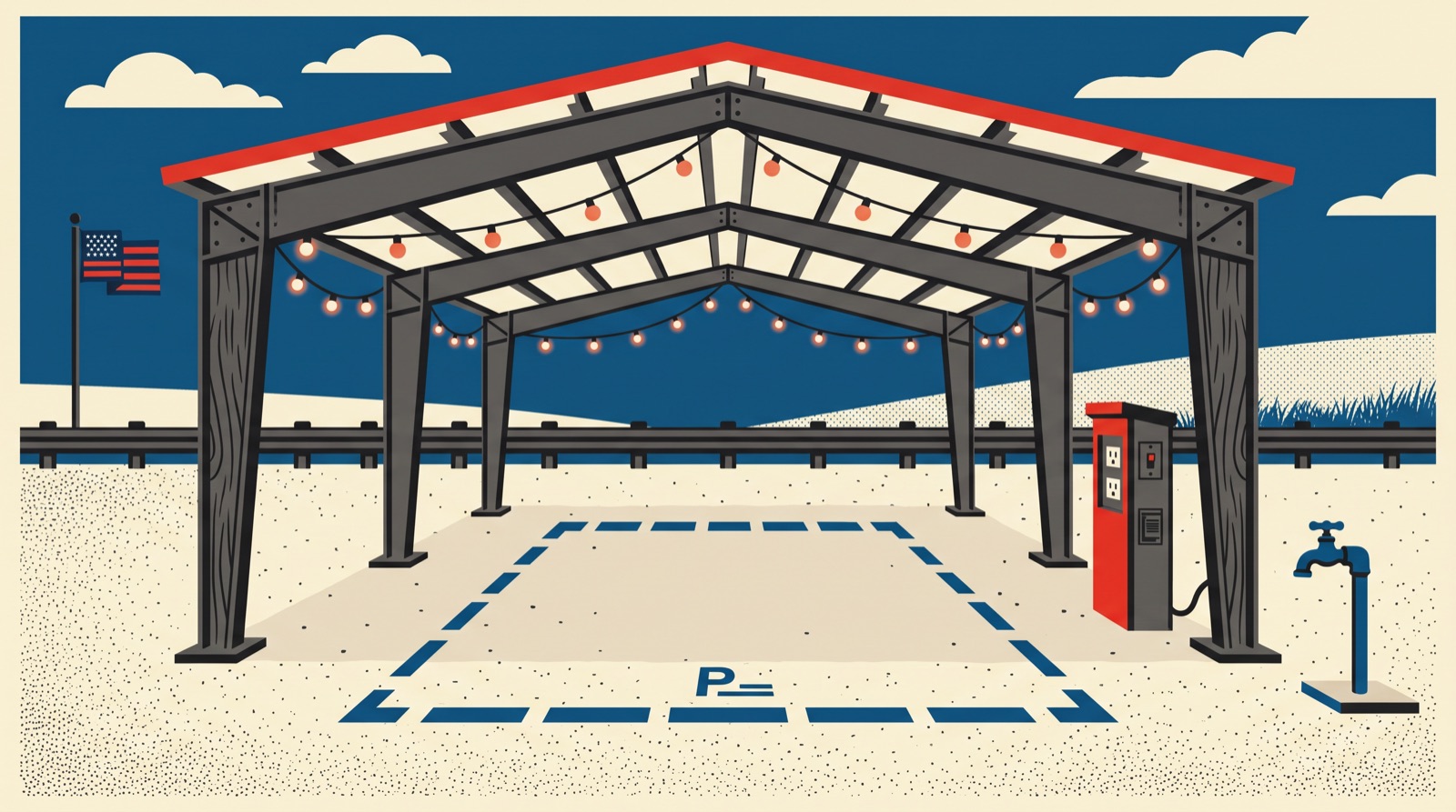 Illustration of an open food truck pad with power pedestal and water spigot under the covered pavilion